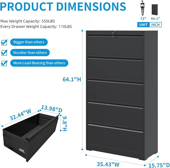 5 Drawer Lateral File Cabinet with Lock, Black Metal Lateral Filing Cabinet for Home Office, Steel Wide Filing Cabinets for Letter/Legal/A4/F4 Hanging File Folders (Black)