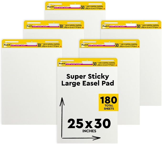 Post-it Super Sticky Easel Pad, 25 x 30 Inches, 30 Sheets/Pad, 6 Pads, Large White Premium Self Stick Flip Chart Paper, Super Sticking Power (559VAD6PK)