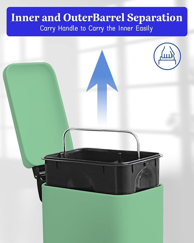 Bathroom Trash Can with Lid，5 Liter / 1.3 Gallon Small Trash Can with Removable Liner Bucket, Soft Close lid & Step Pedal, Stainless Steel Trash Bin for Bathroom,Bedroom,Home Office, Green