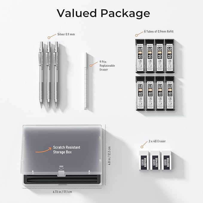 Nicpro 0.9 mm Metal Mechanical Pencil Set with Case, with 3PCS MP1000 0.9mm Drafting Pencil, 8 Tubes HB Lead Refills, 3PCS Eraser, Erasers Refills for Artist Writing, Drawing, Sketching, Silver