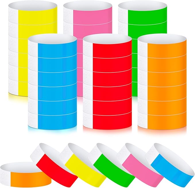 Epakh 600 Pcs Paper Wristbands Neon Wrist Bands Waterproof Handbands for Events Lightweight Concert Wristbands Neon Colored Adhesive Wrist Band for Party