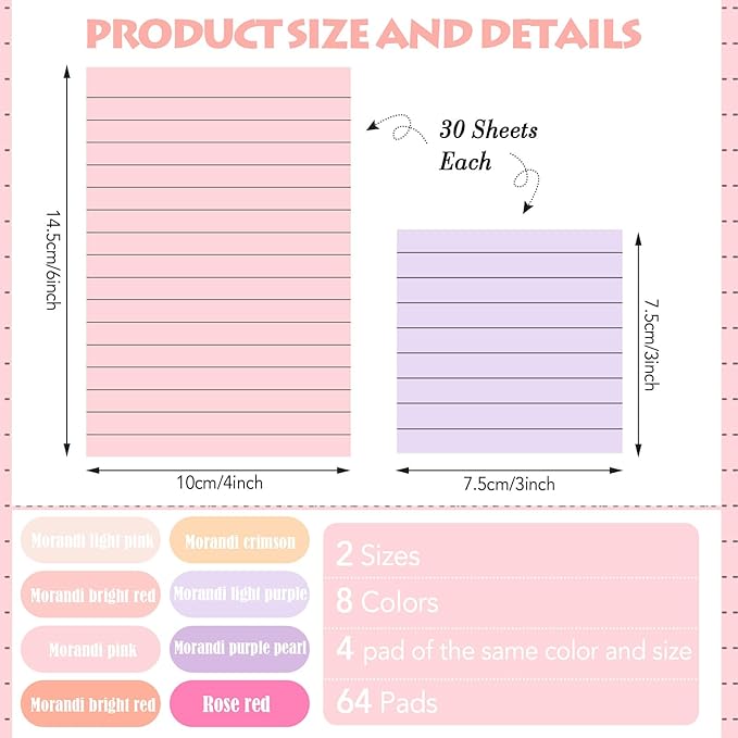 Yexiya 64 Pcs Lined Sticky Notes Self Stick Notes with Lines Bright Assorted Colors Sticky Pad for Home Office Products Post Memos, 1920 Sheets(4 x 6 Inch, 3 x 3 Inch,Fashion Color)