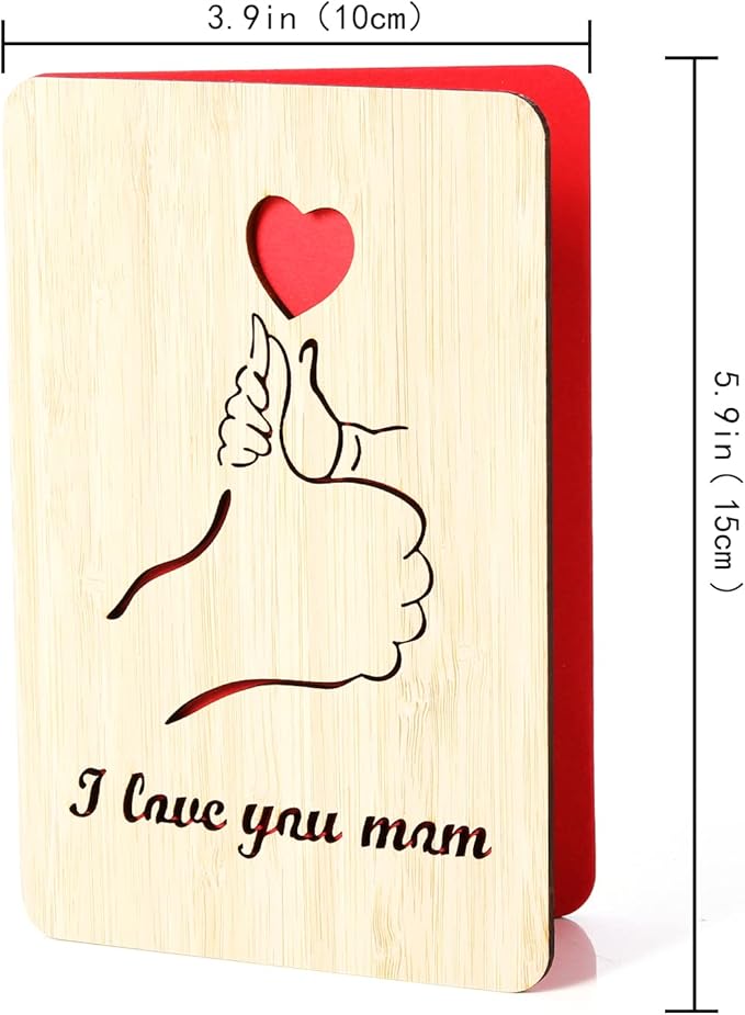 Wood Christmas Greeting Card for Mom,I Love You Mom Birthday Card,Handmade Bamboo Gift for Mom/Her/Wife