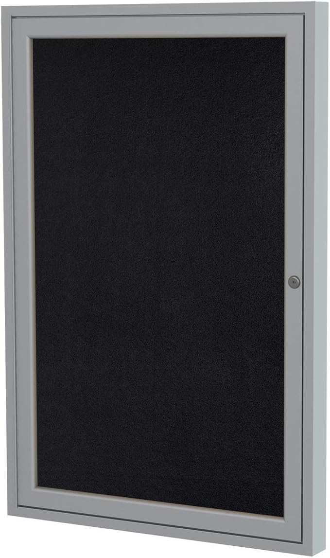 Ghent 36"x30" 1-Door indoor Enclosed Recycled Rubber Bulletin Board, Shatter Resistant, with Lock, Satin Aluminum Frame,Black (PA13630TR-BK) ,Made in the USA