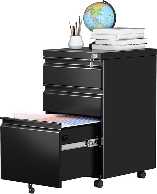 3 Drawer Steel Mobile File Cabinet with Lock for Legal/Letter/A4 Folders, 23.6''H Rolling File Cabinet for Home, Office, Fully Assembled Except Wheels, Black