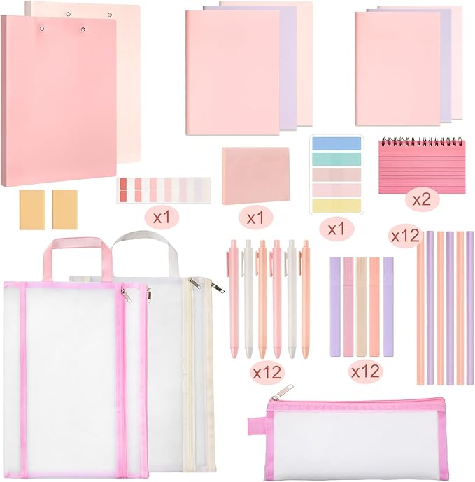 Colarr 54 Pieces Aesthetic School Supplies Including Pastel Highlighters Document Bags Pencils Notebooks Pencil Pouch Ink Pens Sticky Notes Erasers Back to School Gift Stationary Kit (Pink)