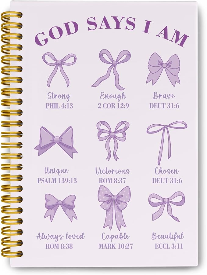Coquette Purple Bows Bible Notebook,Aesthetic Composition Notebook, God Says I Am Christian Scripture Prayer Journal for Women, Hardcover Spiral Notebooks College Ruled 5.5 x 8.3 （Purple