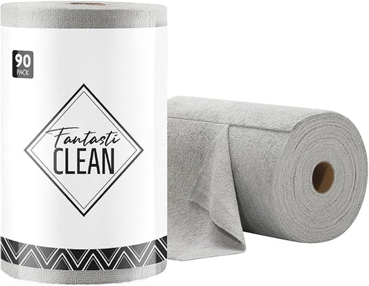 Fantasticlean Microfiber Cleaning Cloth Roll -90 Pack, Tear Away Microfiber Towels, 12" x 12", Reusable, Washable, Scratch Free, Ultra Absorbent Dish Rags for Car, Home, Garage or Shop (Grey)