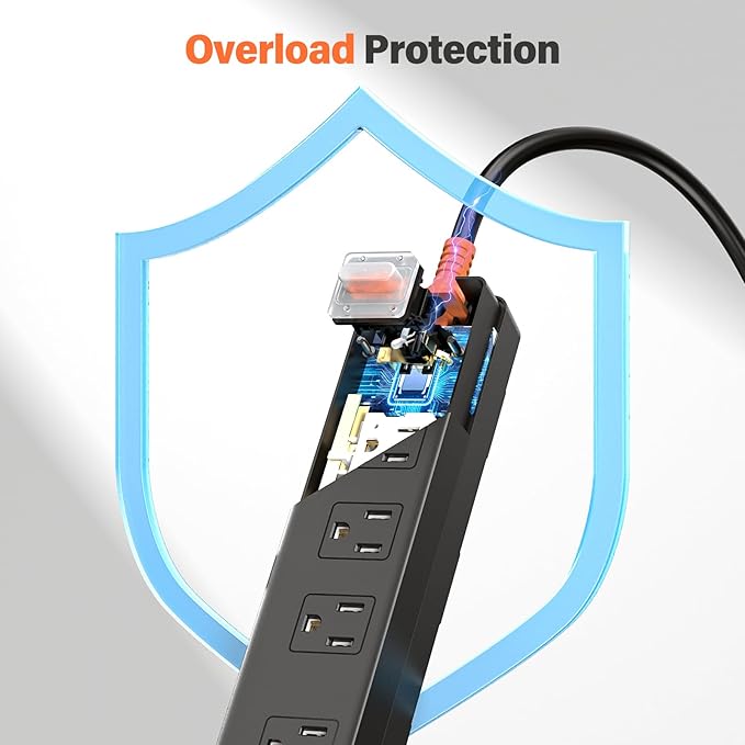 Power Strip Weatherproof, Surge Protector with 4 Wide Outlets, 1875W/15A Overload Protection Switch, 6FT Flat Plug Multi-Plug Outdoor Extension Cord for Indoor Outdoor, UL FCC Listed