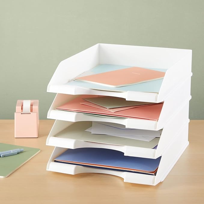 Stockroom Plus Paper Trays for Classroom - 4 Pack, White, 10 x 13.5 x 2.5 in - Desk Organizer Stacking Trays for Classroom Organization & Office Document Storage