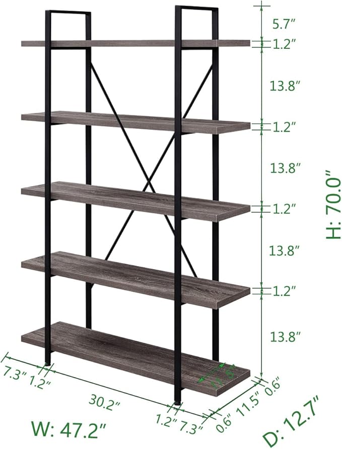 HSH 5-Shelf Vintage Industrial Rustic Bookshelf, 5 Tier Wood and Metal Bookcase, Open Etagere Book Shelf, Farmhouse Wooden Bookshelves, Light Grey Oak