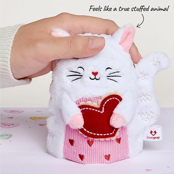 Lovepop Plushpop Soft Animal Pop-Up Card for Her and Him - 3D Happy Valentine Greeting Card for Boys, Girls, Men, Women - Love Cat - 6" x 8" Card