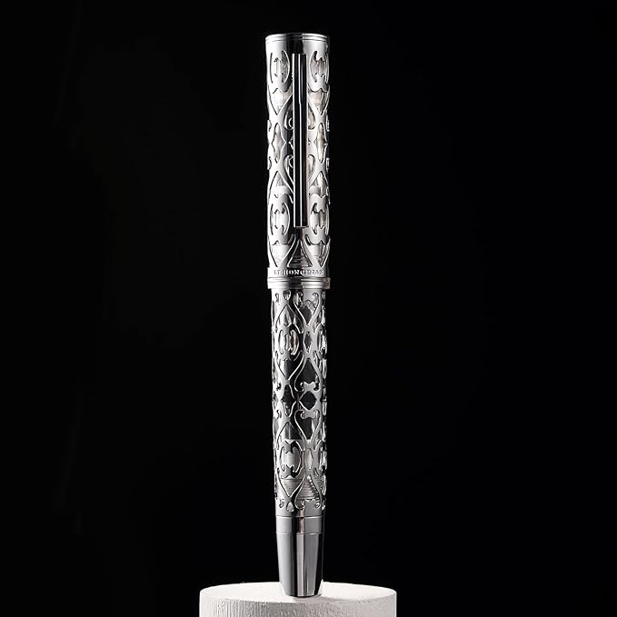Hongdian D1 Piston Fountain Pen Fine Nib, Hollow Skeleton & Resin with Metal Case Set (Silver)