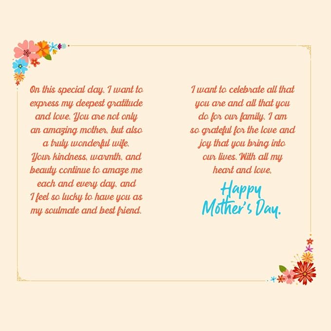 Prime Greetings Mother's Day Card, Made in America, Eco-Friendly, Thick Card Stock with Premium Envelope 5in x 7.75in, Packaged in Protective Mailer… (Wife)