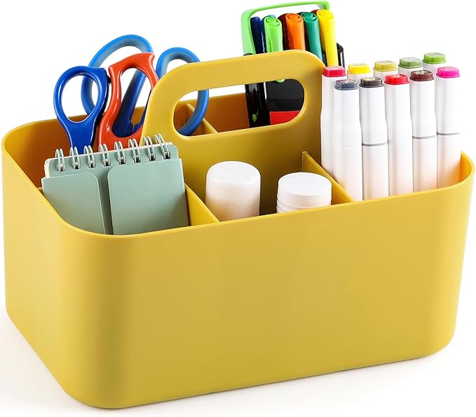 Multiuse Caddy Organizer w/ Handle - Stackable Plastic Tote Bin - Art Craft Supplies, Office, Desk, Stationery Pen Holder, Kitchen, Utensil, Makeup, Bathroom, Shower, Cleaning, Dorm Organizer - Yellow