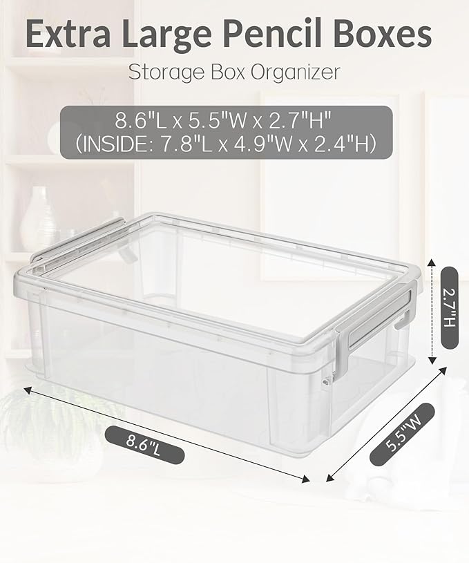 Sooez 6 Pack Extra Large Pencil Box, Plastic Pencil Case Crayon Box Bulk, Clear Marker Organizer Plastic Containers with Lid, Stackable Storage Box for Craft, Pen, Art, School Supply, Pink