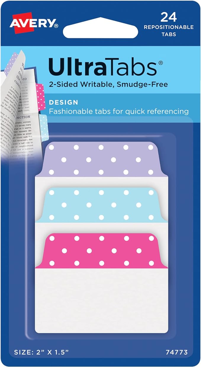 Avery Multiuse Ultra Tabs, 2" x 1.5", 2-Side Writable, Assorted Pastel Dots, 24 Repositionable Tabs (74773)