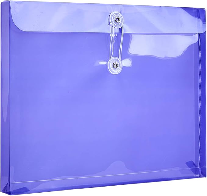 Plastic Letter Size Envelopes with Button & String Tie Closure, 1-1/6" Expansion, Side Load, Clear Poly Reusable File Folders Project Paper Documents Organizer for Office School & Home