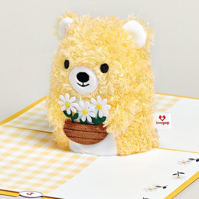 Lovepop Plushpop Soft Animal Pop-Up Card for Her and Him - 3D Bear Thinking of You Greeting Card for Boys, Girls, Men, Women - Hello - 6" x 8" Card - Yellow