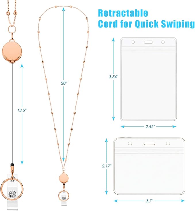 Retractable Badge Reel Lanyard with 2 Pieces ID Holder for Women, Fashion Beaded Chain Premium Stainless Steel Lanyard Necklace Water Resistant Name Badge Holder