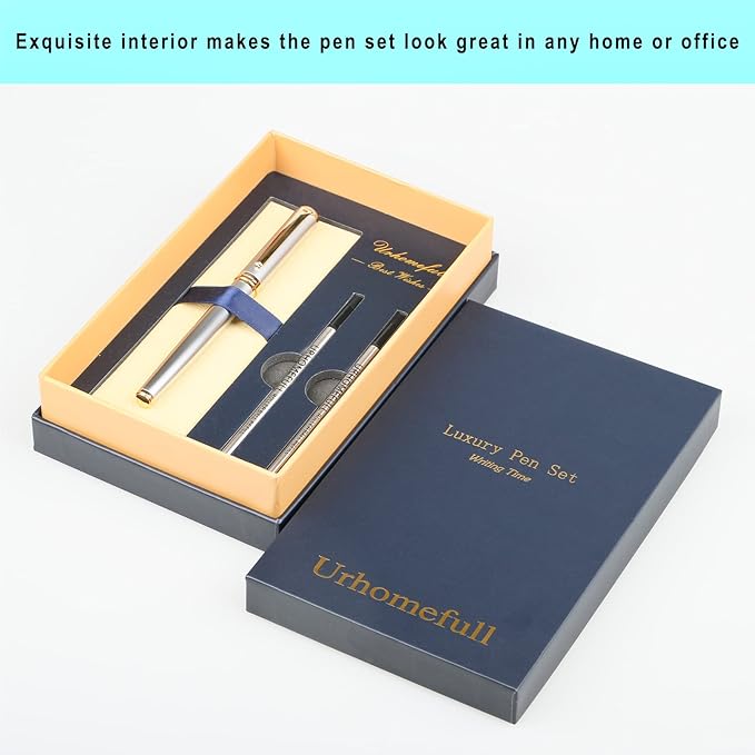 Stunning Luxury Rollerball Pen with 24K Gold Trim,Switzerland Tip with Black Ink Refills,Perfect Roller Ball Point Pen Gift for Men Women,Fancy Writing Set for Business,Fog Chromium