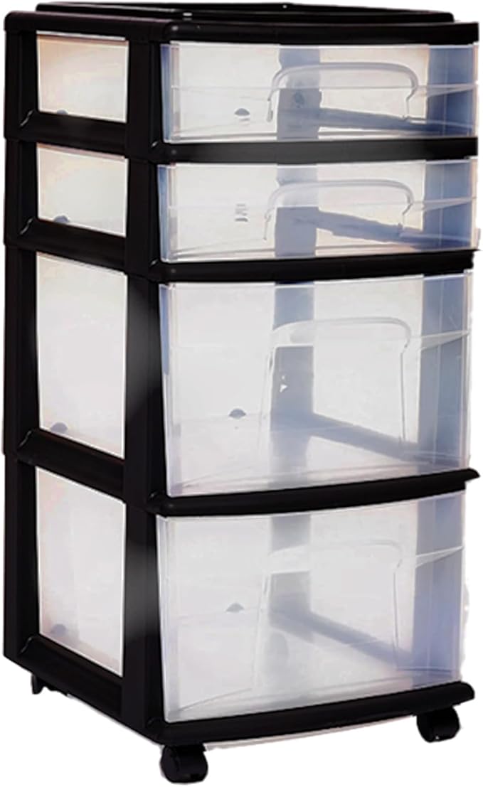 HOMZ 4-Drawer Plastic Storage Cart Organizer with Removable Wheels, Black Frame