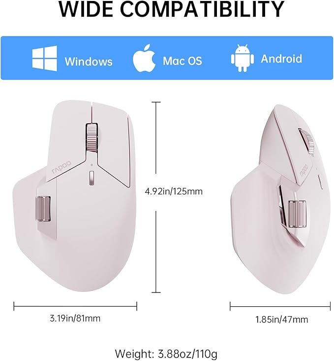 Rapoo MT760 Multi-Device Wireless Mouse, Bluetooth 5.0 and 2.4GHz Multi-Mode Connection, Up to 4 Devices, 11 Programmable Buttons, 4K DPI, Ergonomic Design, 90 Days Battery Life, PC, Pink
