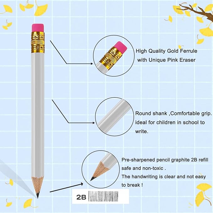 Adhere 50pcs Golf Pencils with Eraser Round Wooden half Pencils Graphite 2B for Golf Event Scoring, Classroom, Wedding, Pew, Pocket | Free Pencil Sharpener (White)