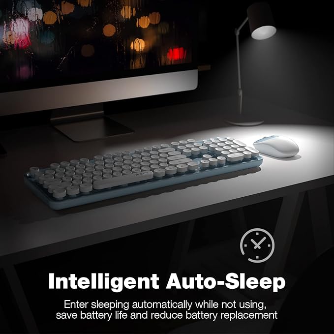 MOFII Wireless Keyboard and Mouse Combo, Computer Full Size 2.4G Plug and Play Wireless Typewriter Retro Round Keyboard and Mouse Set for Windows, Computer, Desktop, PC, Notebook - (Light Blue)