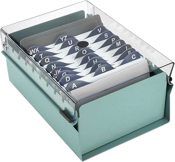 Acrimet 3 x 5 Card File Holder Organizer Box Metal Base Heavy Duty (AZ Index Cards and Divider Included) (Green Color with Clear Crystal Plastic Lid Cover)