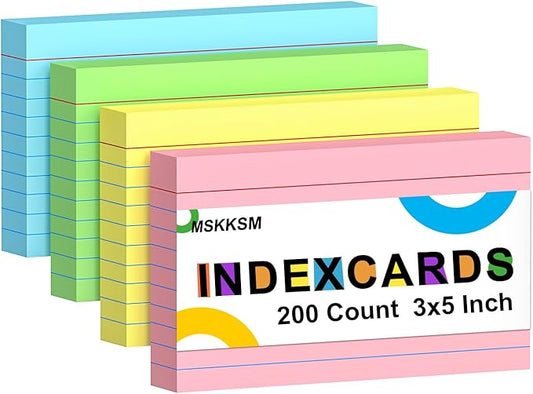 Colored Index Cards 3x5 Inch - 200 Pack, Ruled Index Flash Cards for Studying, Lined Index Note Cards 3" x 5" with Colorful, Heavy Colored Flashcards 3x5 Notecards for Office, Home and School Supplies