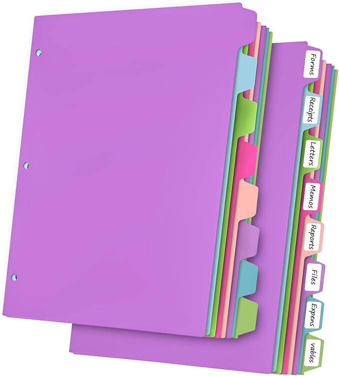 HABGP 16Pcs/2 Set Binder Dividers with Tabs, 8 Color Tab for 3 Ring Binder Dividers, Page Folder Dividers for 3 Ring Binder Sheet Paper Protectors, Plastic Tabbed File Dividers with Tabs