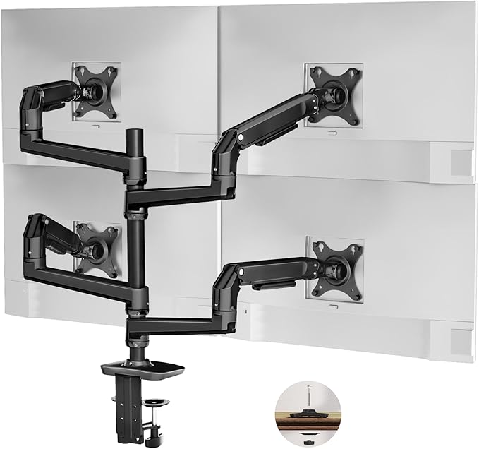 Quad Monitor Mount, Holds Screens up to 40 Inches and 25 lbs, Fully Adjustable 4 Monitor Mount with C-Clamp and Grommet Base, Aluminum, Black