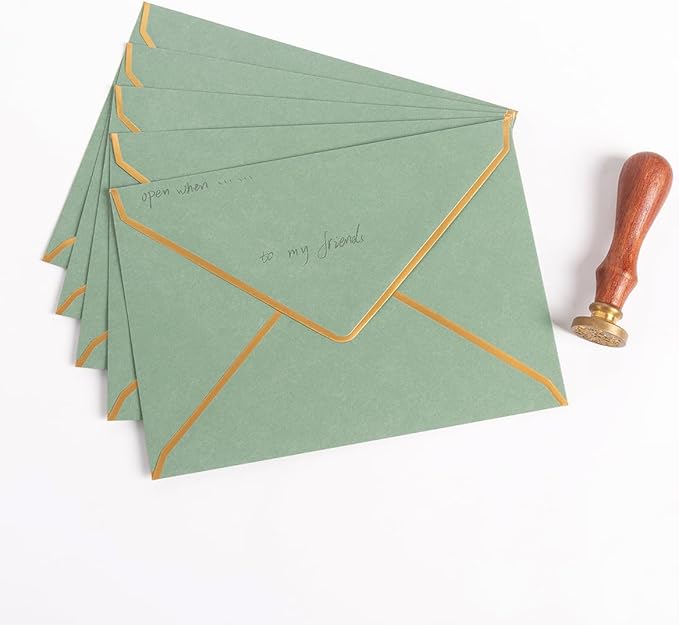 50 Pack A4 Envelopes Sage Green 4x6 Self-Adhesive V Flap Envelopes with Gold Border for Office, Wedding Gift Cards, Invitations, Graduation, Baby Shower, Parties (4.25x6.25 inches)