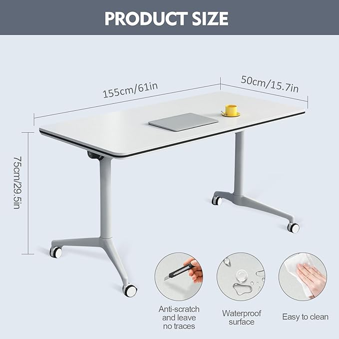 Folding Conference Room Table, Modern Mobile Training Table with Wheels, White Foldable Seminar Meeting Tables for Office Corporations (2pack 63in)