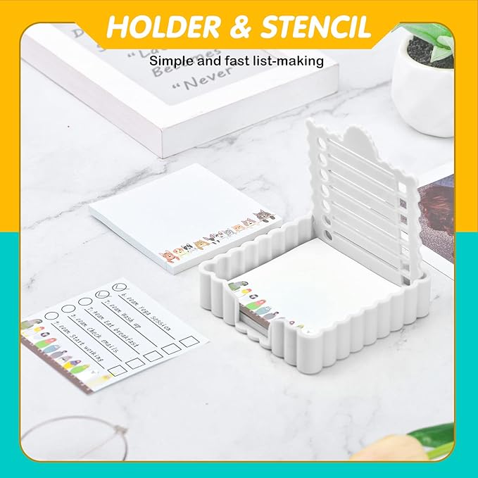 Sticky Notes Holder Cute with Stencil, Wavy Self-Stick Notepad Holder, Note Dispenser for Desk, Sticky Notes Organizer