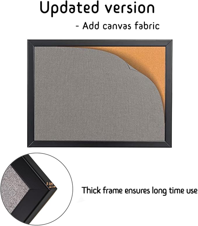 Bulletin Board 36 x 24 Inch, 100% Wood Framed Canvas Cork Board with Grey Fabric, Wall Mounted Notice Board for Home Office School