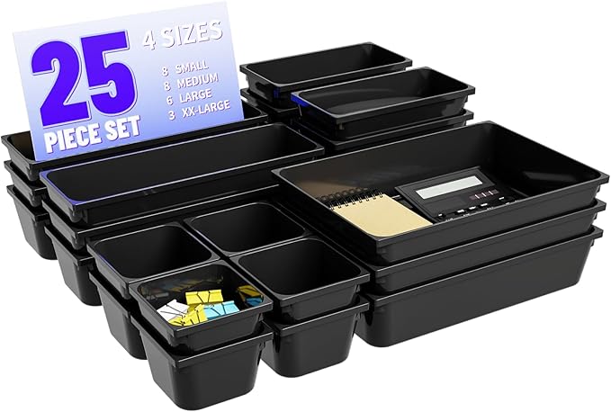 25 pc Plastic Drawer Organizer Set,4 Size Small Storage Containers for Organizing Jewelry,Utensil,Junk,Tea,Makeup,Shallow Drawer Organizers Tray Suitable for Office,Desk,Bathroom,Vanity,Kitchen,Black