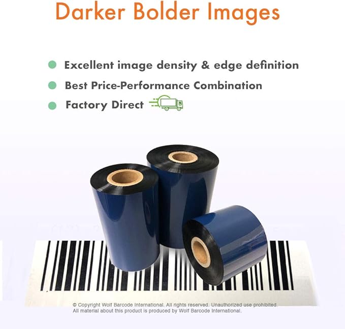 72 Rolls Wolfbarco 2.52" x 1476' (64mm x 450m) Black Premium Resin-Enhanced Wax Thermal Transfer Ribbon Compatible with Zebra,TEC, INTERMEC,Citizen,TSC,GODEX,ARGOX Printers