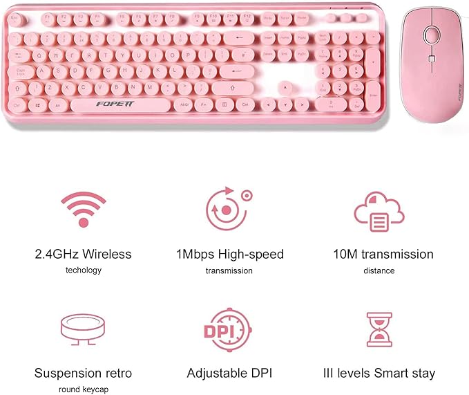 FOPETT Wireless Keyboard and Mouse Combo, 104 Keys Full-Sized 2.4 GHz Round Keycap Colorful Keyboards, USB Receiver Plug and Play, for Windows, Mac, PC, Laptop, Desktop (Pink)