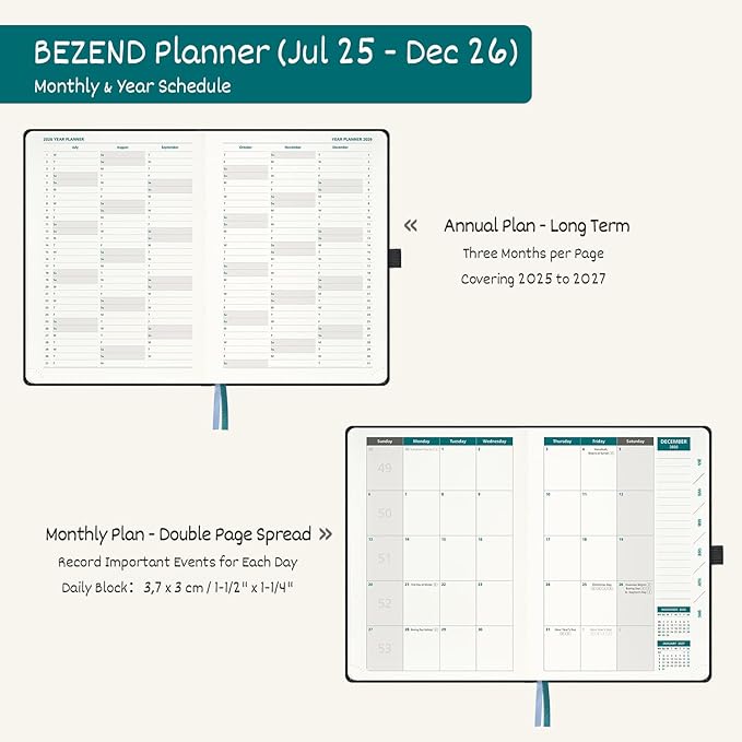 BEZEND Weekly Planner 2025-2026 with 2 Columns, 5.8" x 8.5" Academic Calendar 18 Months (Jul 25-Dec 26) Life Work Appointment Book with Monthly Tab, PU Leather Hardcover - Fruit Green