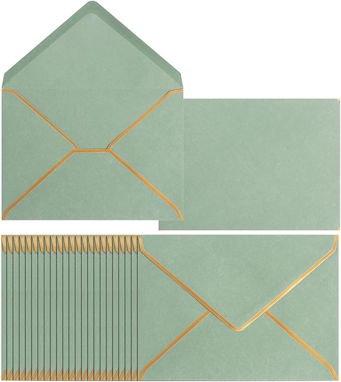 50 Pack A4 Envelopes Sage Green 4x6 Self-Adhesive V Flap Envelopes with Gold Border for Office, Wedding Gift Cards, Invitations, Graduation, Baby Shower, Parties (4.25x6.25 inches)