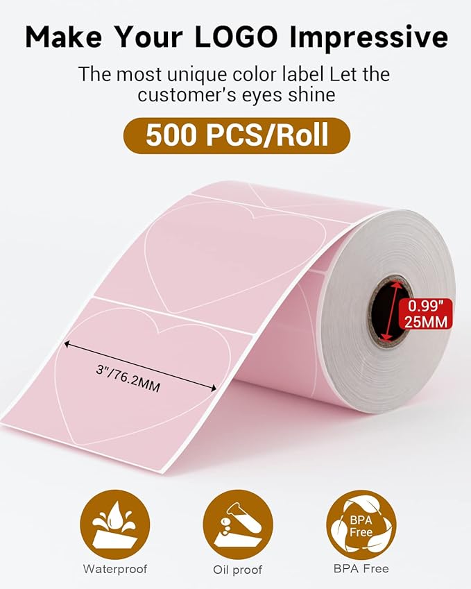 Phomemo 3" Pink Thermal Labels for Shipping Label Printer - Cute Label for Small Business Supplies - 500 Pink Labels/Roll, Cute Heart Stickers Roll for Custom Stickers Personalized & Business