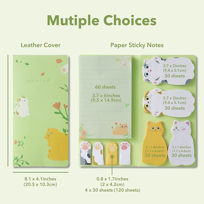 Hommie Cat Sticky Notes Set, Cute Sticky Note Animal Divider Tabs Bundle Writing Memo Pads Page Marker, Sticky Notes Pads for Cat Lovers Kids Office School Supplies Creative Gifts