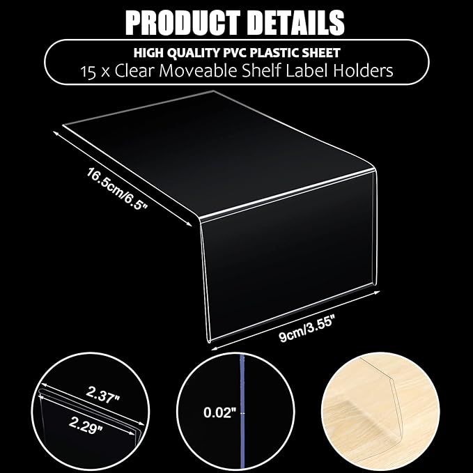 Containlol 15 Pieces Moveable Shelf Label Holders Clear Transparent Shelves Tags Index Card Pockets Library Markers Label Display Holder for Classroom Office Book(6.5 x 3.54 x 2.36 Inch)