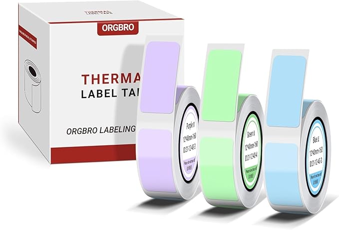 ORGBRO X1 Label Maker Tape, Genuine Thermal Label Print Paper 0.47"×1.57"(12×40mm), Standard Laminated Office Labeling Tape Replacement, 160 Tapes/Roll, 3-Roll, Green/Purple/Blue