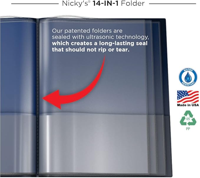 Nicky's® Multi Pocket Organizer, 10 or 14 Page Folder, Waterproof, Patented Tear-Resistant, Flexible Plastic, Proudly Made in USA, Binder Substitute. (14-in-1 Navy Blue)