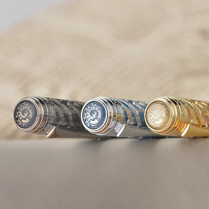 Hongdian A6 Piston Fountain Pen Extra Fine Soft Nib, Golden Hollow Skeleton & Transparent Resin Pen with Metal Case Set