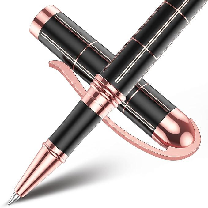 Rose Gold Gel Ink Rollerball Pen-Geometric Stripe Style Copper Grip Metal Pens in Gift Box with 1 Extra Refill,Christmas gift for Women &Men (Black Ink, 0.7mm Fine Point)
