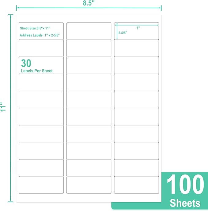 L LIKED Printable Address Labels, 1" x 2-5/8", 3,000 Labels, 30 per Sheet, Label Stickers for Envelopes (100 Sheets)